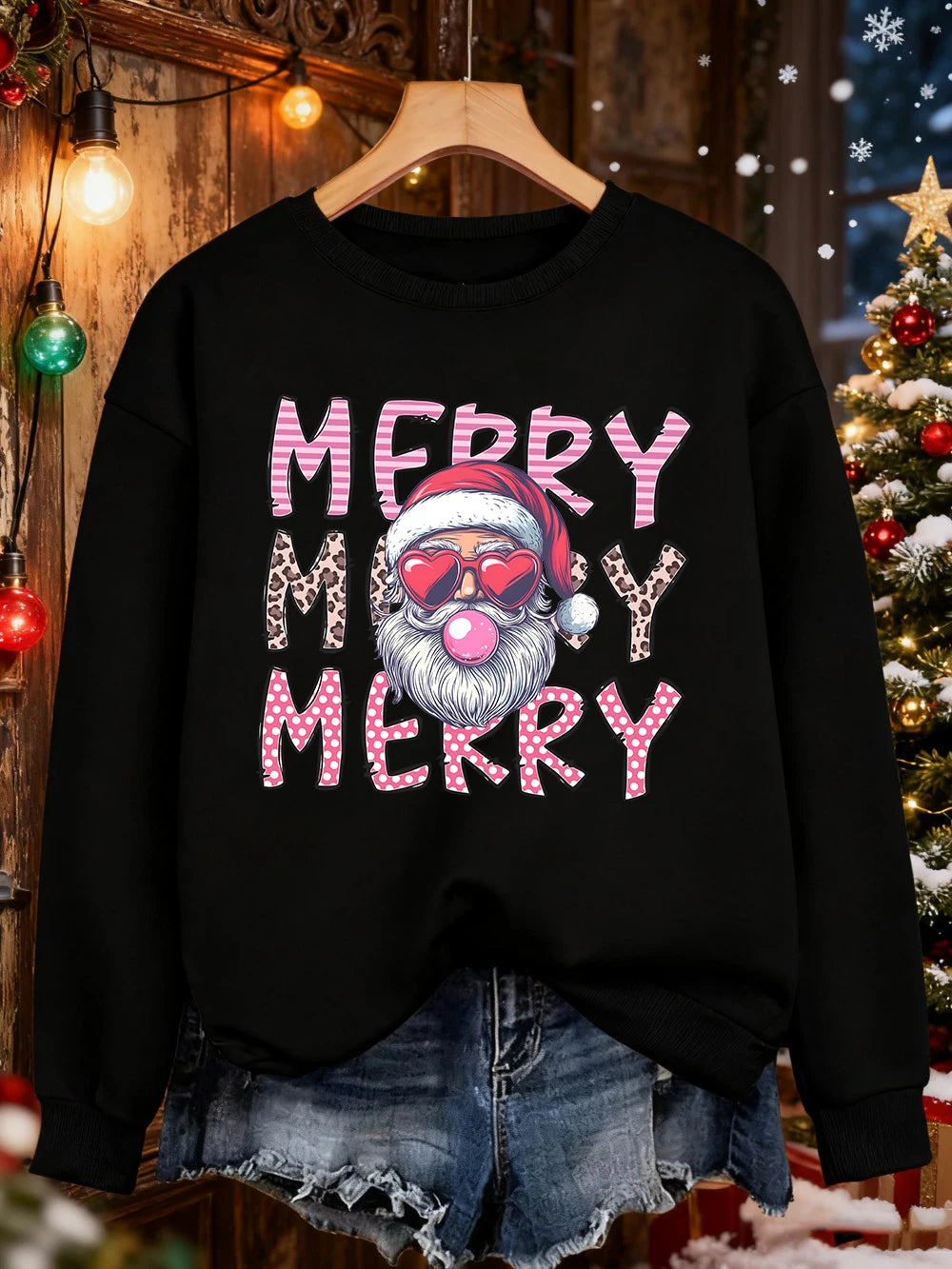 Merry Christmas Santa Claus Printed Sweatshirts Women Loose Casual Hoodies Fleece Warm Crewneck Pullover Winter Soft Clothes