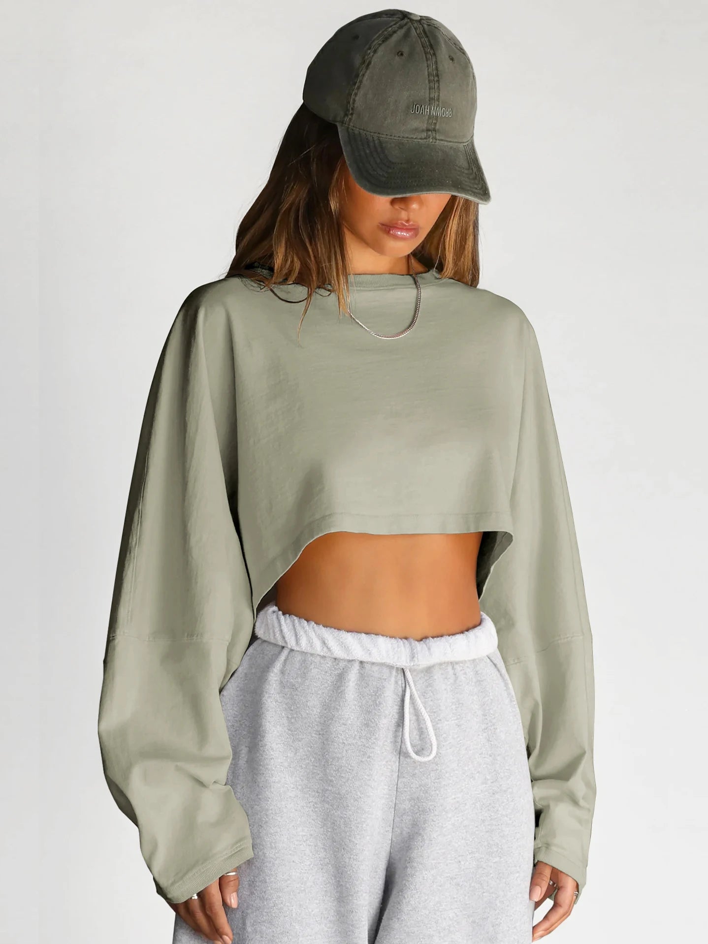 Crop neck hoodie short sports base shirt T-shirt knit shirt long sleeve top for women