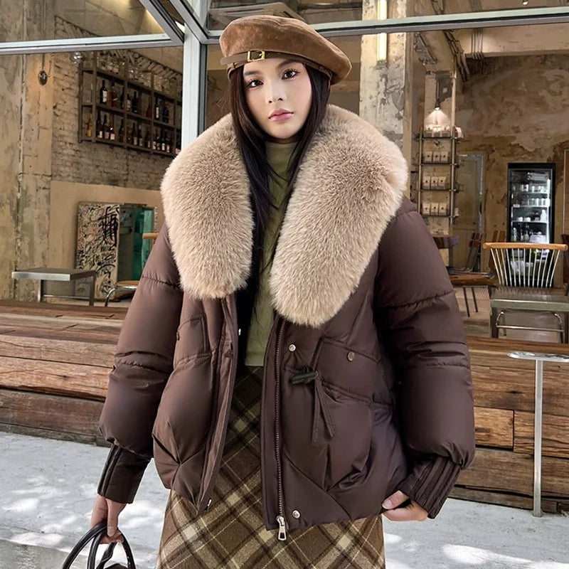 2025 Fashion Big Fur Collar Down Cotton-padded Jacket Women's Short Parkas Winter Streetwear Outerwear Lady Thicken Loose Coats