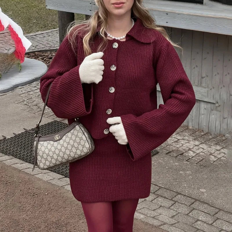 Tuularose 2 Piece Knit Dress Sets Casual Lapel Button Cardigan Sweater Slim Knit Skirt Set Loose Elegant Vintage Women Skirt Set