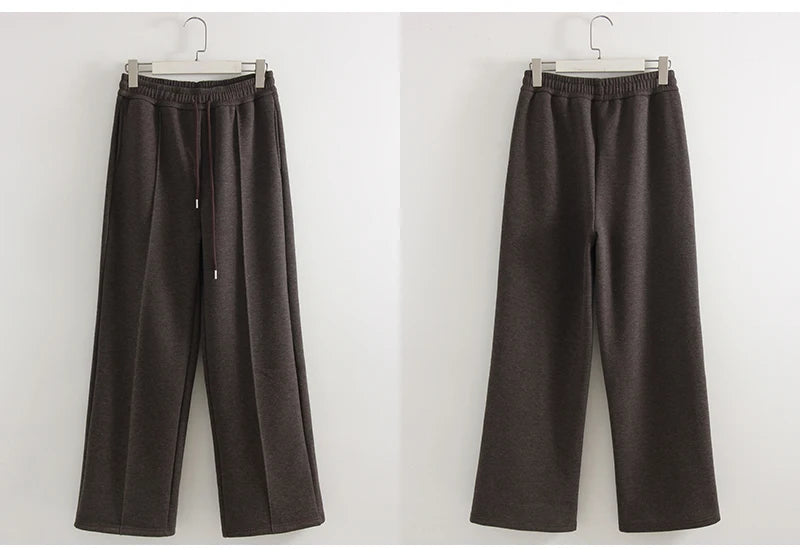 Streamgirl Thick Warm Straight Pants For Women Office Brown Wide Leg Trousers High Waist Women's Loose Pants For Ladies Spring