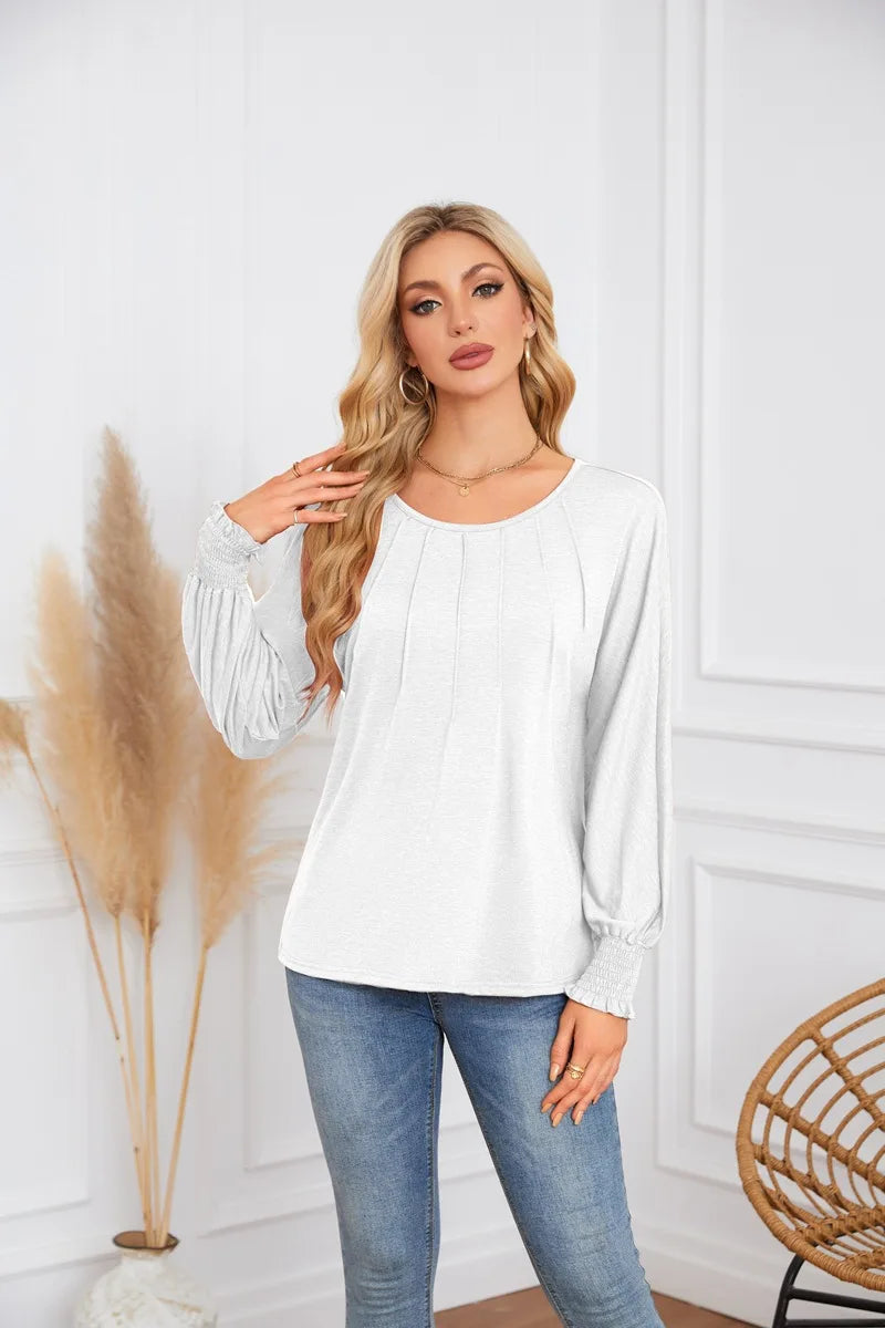 Woman Clothes Solid Color Pleated Top Round Neck Lantern Sleeves Loose Fit Multi Color Options Casual Outings Daily Wear