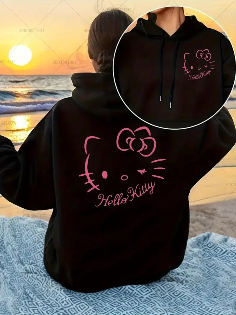 Fleece Women's Hello Ketty Hoodies Hoody Sweatshirt Cute Anime Character Pullover Autumn Winter Oversized Coats Sweats Casual