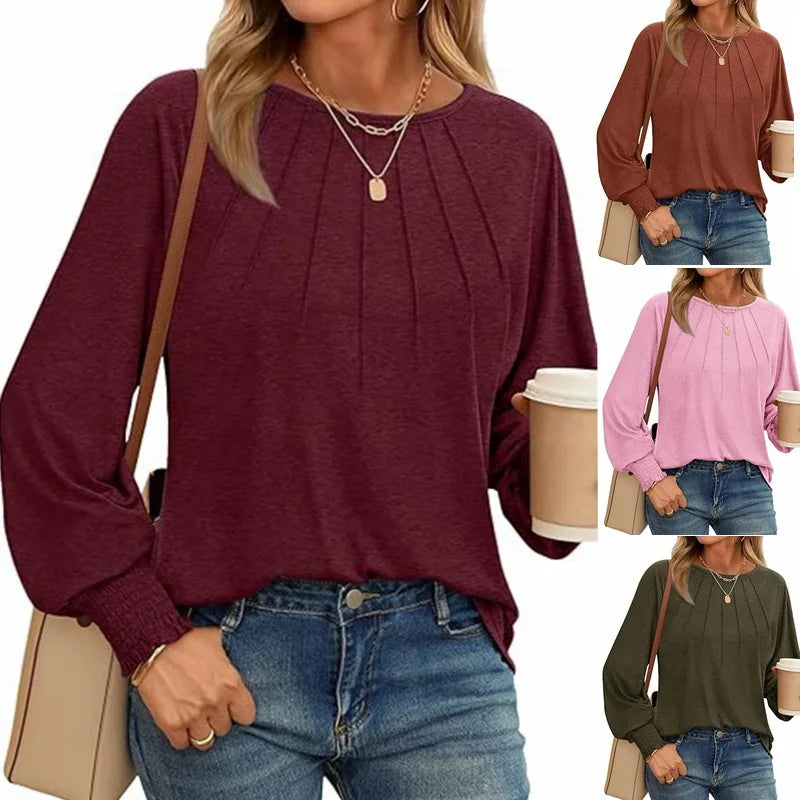 Woman Clothes Solid Color Pleated Top Round Neck Lantern Sleeves Loose Fit Multi Color Options Casual Outings Daily Wear