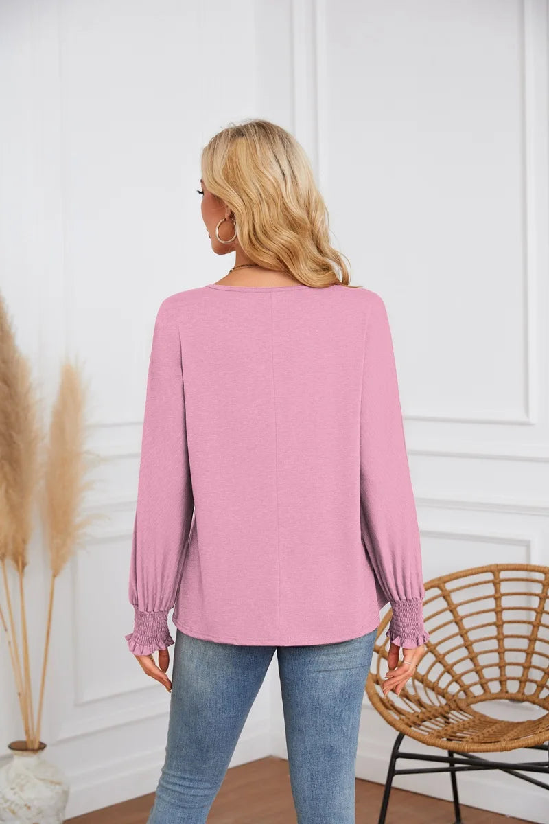 Woman Clothes Solid Color Pleated Top Round Neck Lantern Sleeves Loose Fit Multi Color Options Casual Outings Daily Wear