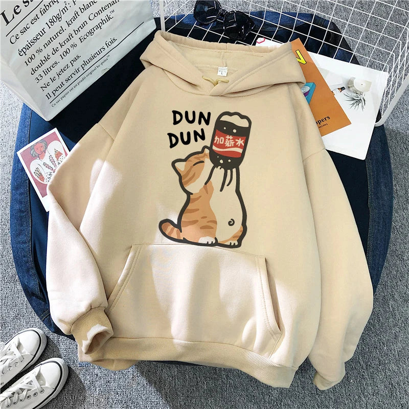 Cat Drinking Beverages Print Sweatshirts Clothes Women Casual 90s Kangaroo Pocket Hoodies Unisex Fashion Funny Hooded Pullovers