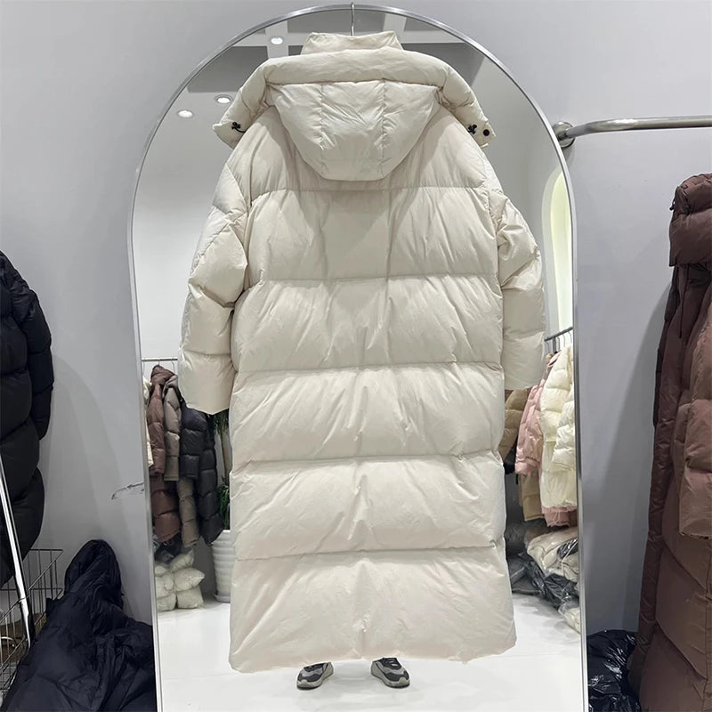 Winter Thick Long Hooded Down Jacket Female Solid Warm Outdoor Parkas Outwears Women White Duck Down Knee Length Down Jackets