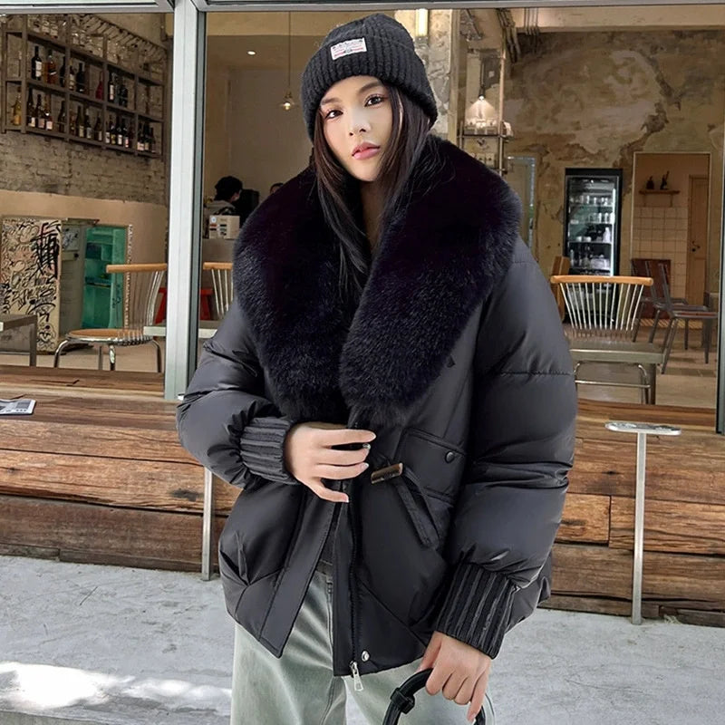 2025 Fashion Big Fur Collar Down Cotton-padded Jacket Women's Short Parkas Winter Streetwear Outerwear Lady Thicken Loose Coats