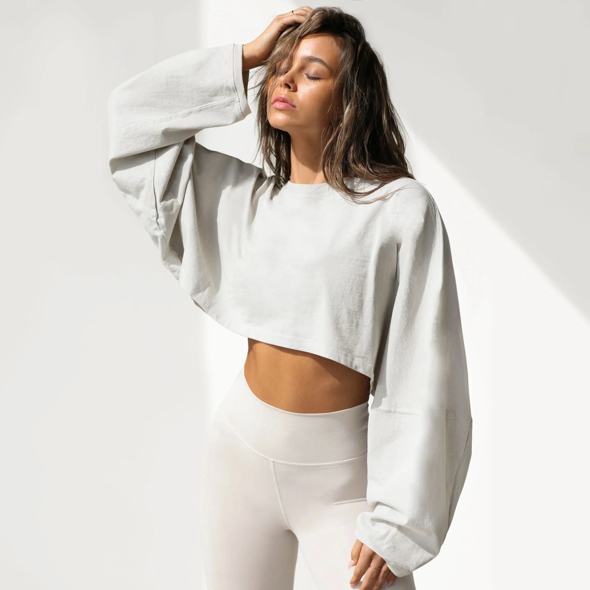Crop neck hoodie short sports base shirt T-shirt knit shirt long sleeve top for women