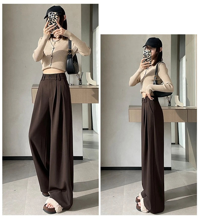 High Waist Autumn Winter Vintage Button Women's Wide Leg Pants 2025 New Loose Solid Korean Straight Full Length Trousers Female
