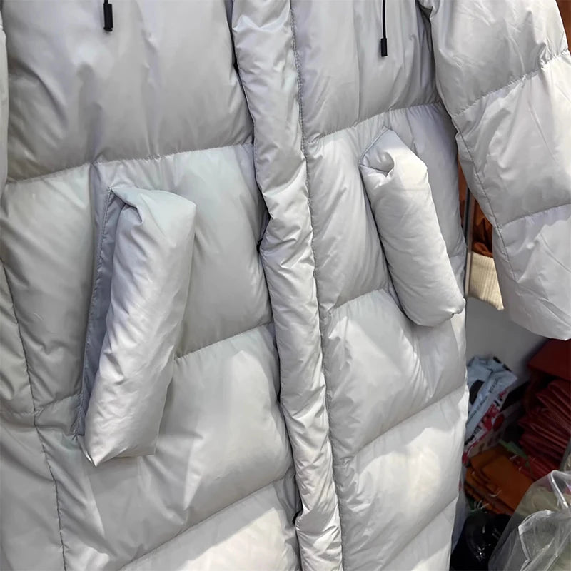 Winter Thick Long Hooded Down Jacket Female Solid Warm Outdoor Parkas Outwears Women White Duck Down Knee Length Down Jackets