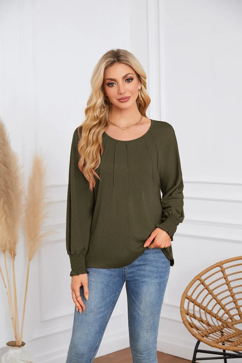 Woman Clothes Solid Color Pleated Top Round Neck Lantern Sleeves Loose Fit Multi Color Options Casual Outings Daily Wear