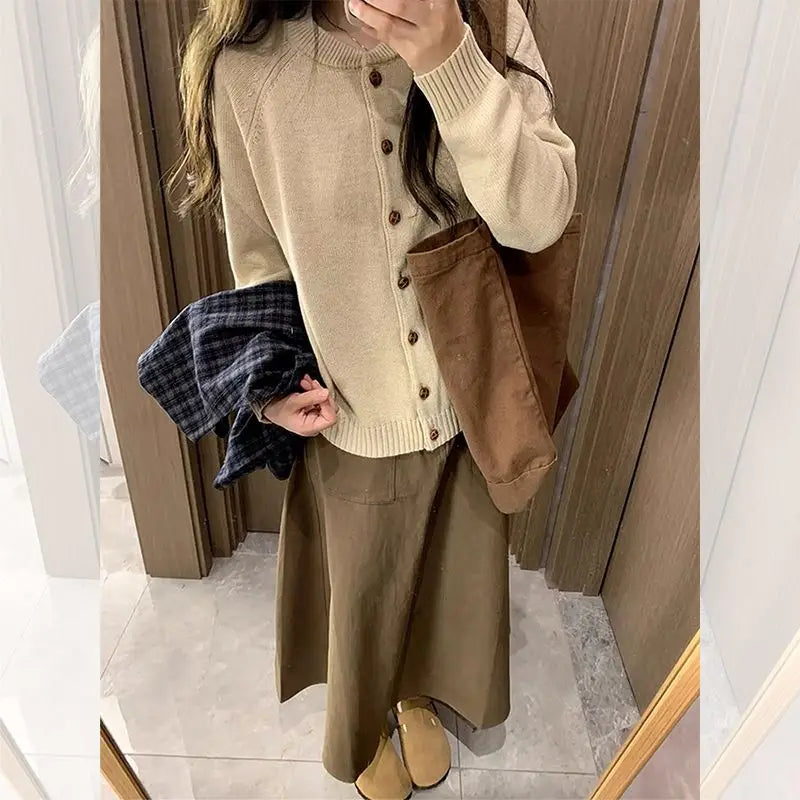 Japanese Style Preppy Style Three Piece Sets Fashion Autumn New Women Button Knitted Cardigan Plaid Vest Skirts Sweet Skirt Suit