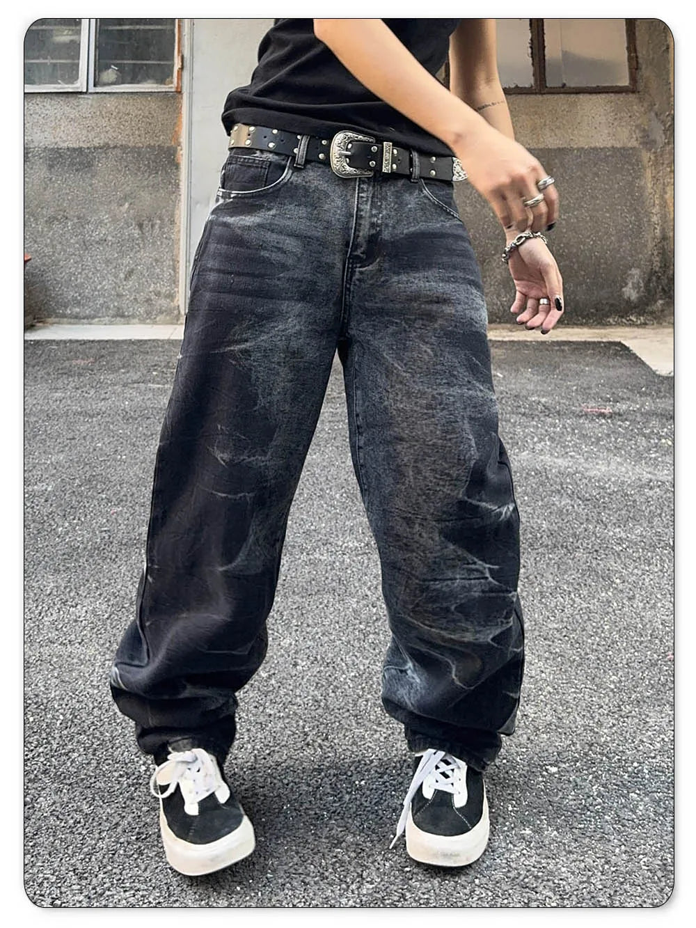 Autumn Men's Black Personalized Straight Leg Retro Jeans American Street Splashed Ink Loose Unisex Denim Pants Trendy Trousers