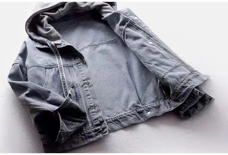 Spring Autumn Long Sleeves Hooded Women Denim Coat Jacket Korean Big Pockets Jean Jacket for Women Fashion Single-breasted Tops