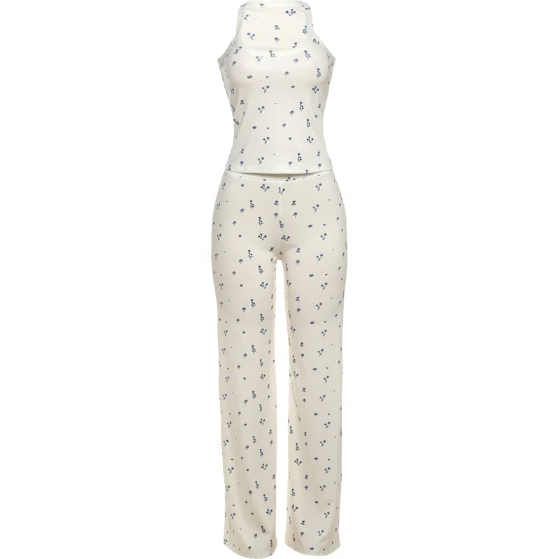 Weird Puss Casual Ribbed 2 Piece Set Women Flower Print Squard Collar Tops+Straight Pants Matching Daily Simple Elegant Suits