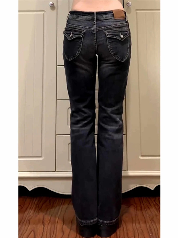 Women's Low Rise Flared Jeans Black Bootcut Jeans American Retro Denim Pants Y2k Japanese 2000s Harajuku Bell Bottom Skinny Jean