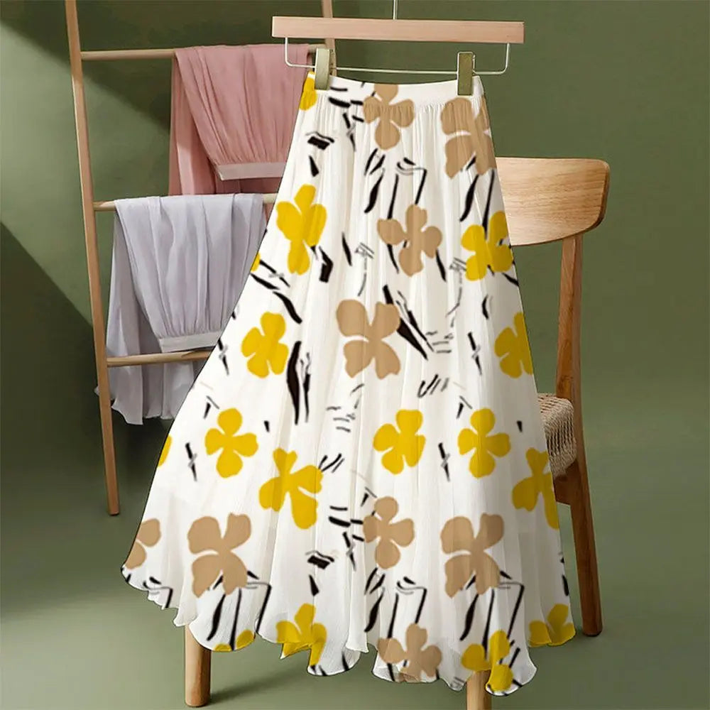 Women's Floral Skirt High Waist Long New 2025 Printed Chiffon Skirt Summer Woman Skirts Mujer Faldas Umbrella Skirt A963