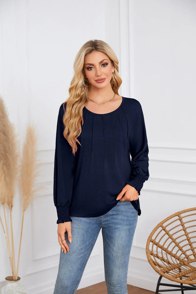 Woman Clothes Solid Color Pleated Top Round Neck Lantern Sleeves Loose Fit Multi Color Options Casual Outings Daily Wear