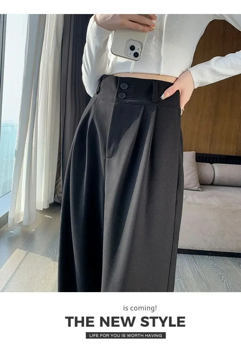 Korean style high waisted black loose pants for office ladies, fashionable loose suit pants for street wear, straight leg pants
