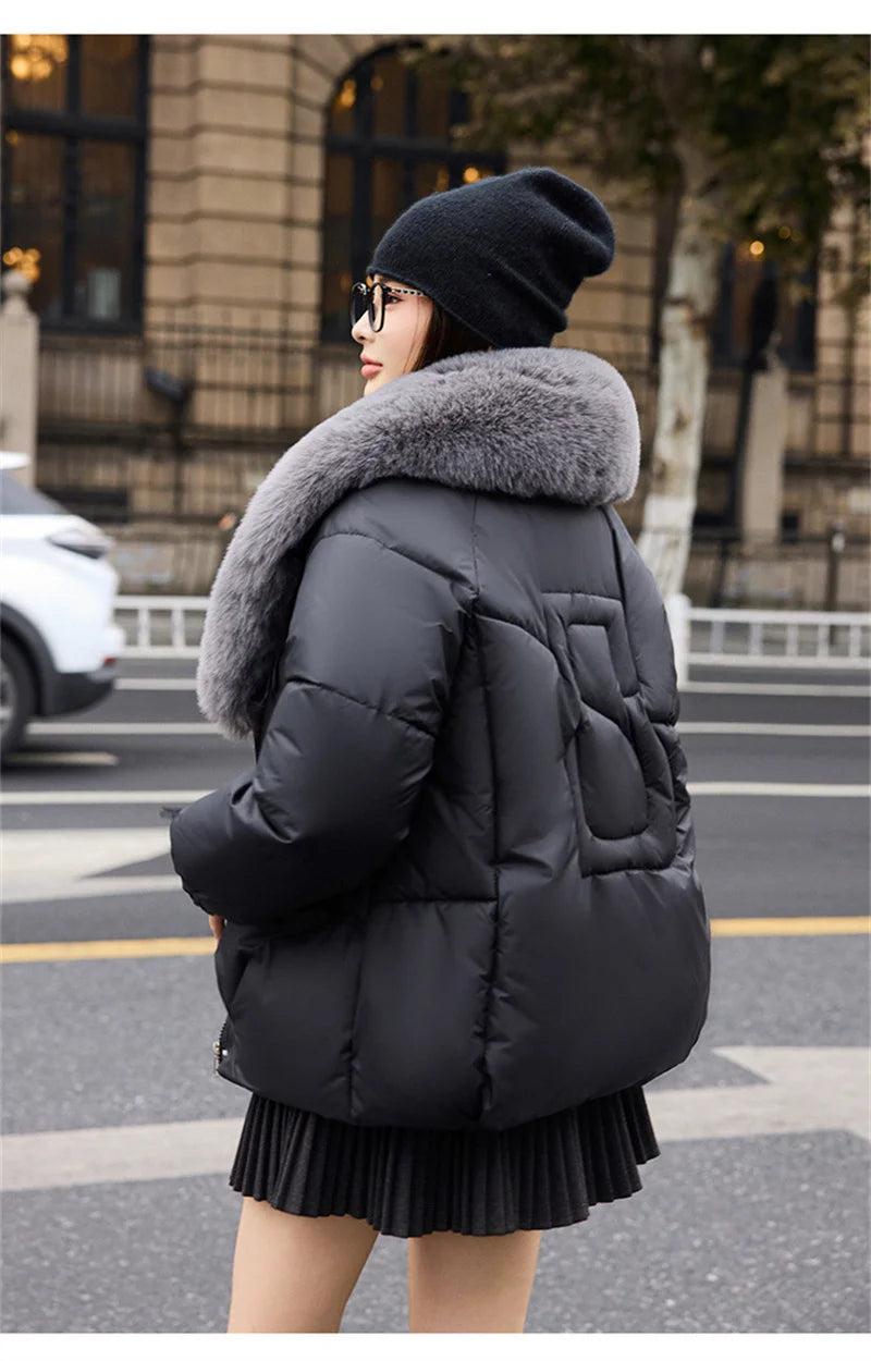 2025 Fashion Big Fur Collar Down Cotton-padded Jacket Women's Short Parkas Winter Streetwear Outerwear Lady Thicken Loose Coats