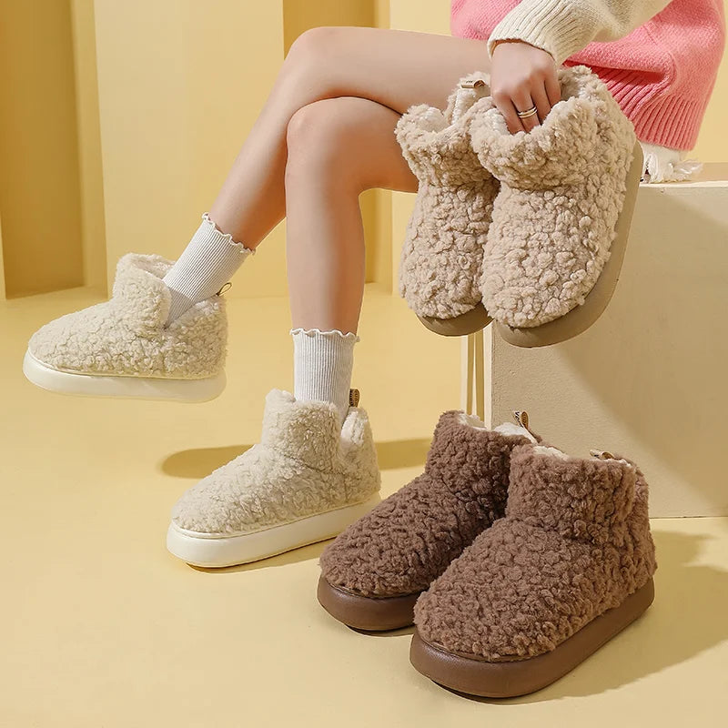 Winter Warm Thick Plush Women Ankle Boots Indoor Outside Slippers Ladies Men Home Cotton Furry Shoes