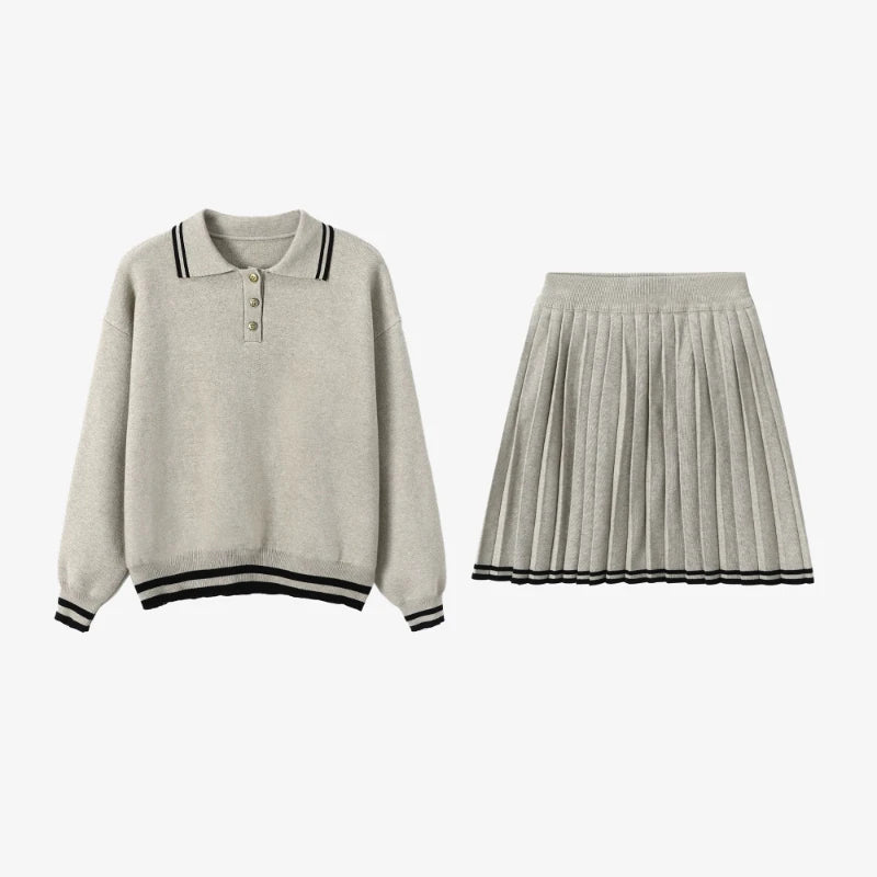 College Style Elegant Sweater Skirt Suit Women Fashion Polo Neck Tops + Pleated Mini Skirt Harajuku Knit Casual Two Piece Suit