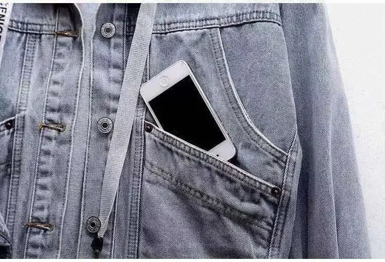 Spring Autumn Long Sleeves Hooded Women Denim Coat Jacket Korean Big Pockets Jean Jacket for Women Fashion Single-breasted Tops