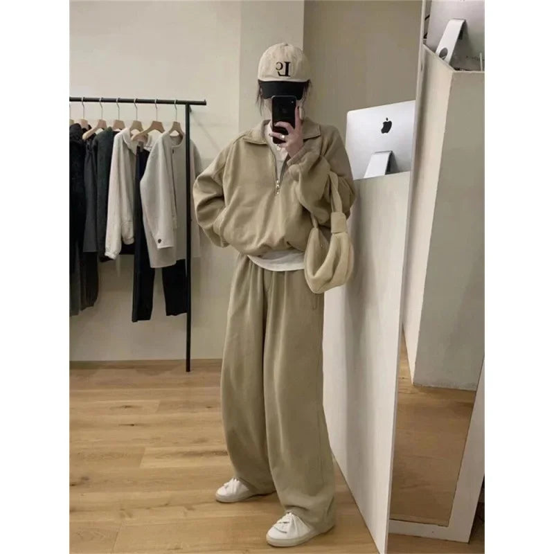 Fashionable Loose Sportswear Set for Women Casual Style Stand Collar Sweatshirt And Pants Two-Piece Suit Cotton Made in China