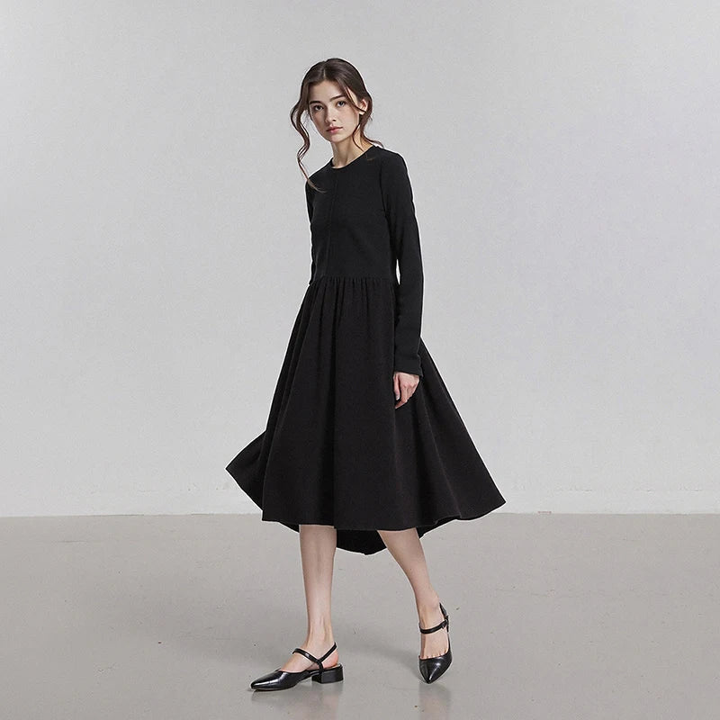 TOYOUTH Women Dresses 2025 Winter New Little Black Dress Spliced Crew-neck Minimalist Base Dresses