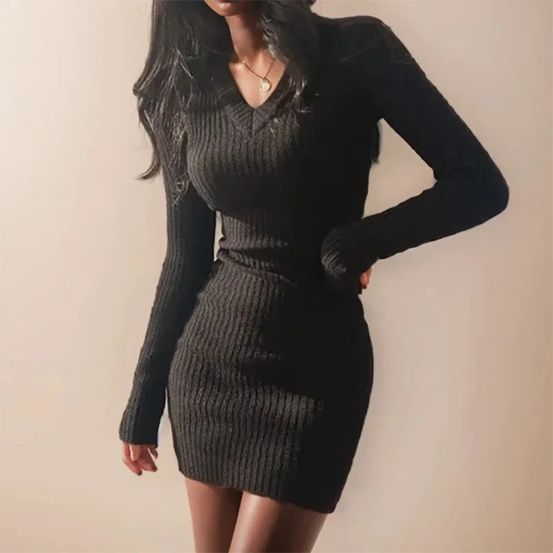 Women Autumn Long Sleeve Bodycon Dress Casual Solid Midi Sweater Dress Knit V-Neck Slim Sexy Dresses For Women Winter 2024