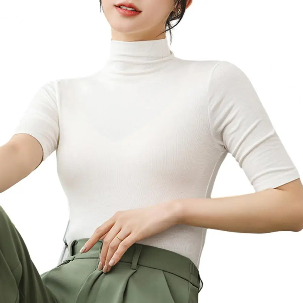 Basic Cotton T Shirt Women Turtleneck Slim Tshirt Short Sleeve T-shirts Female Casual Elasticity White Tee Shirt Femme Woman Top