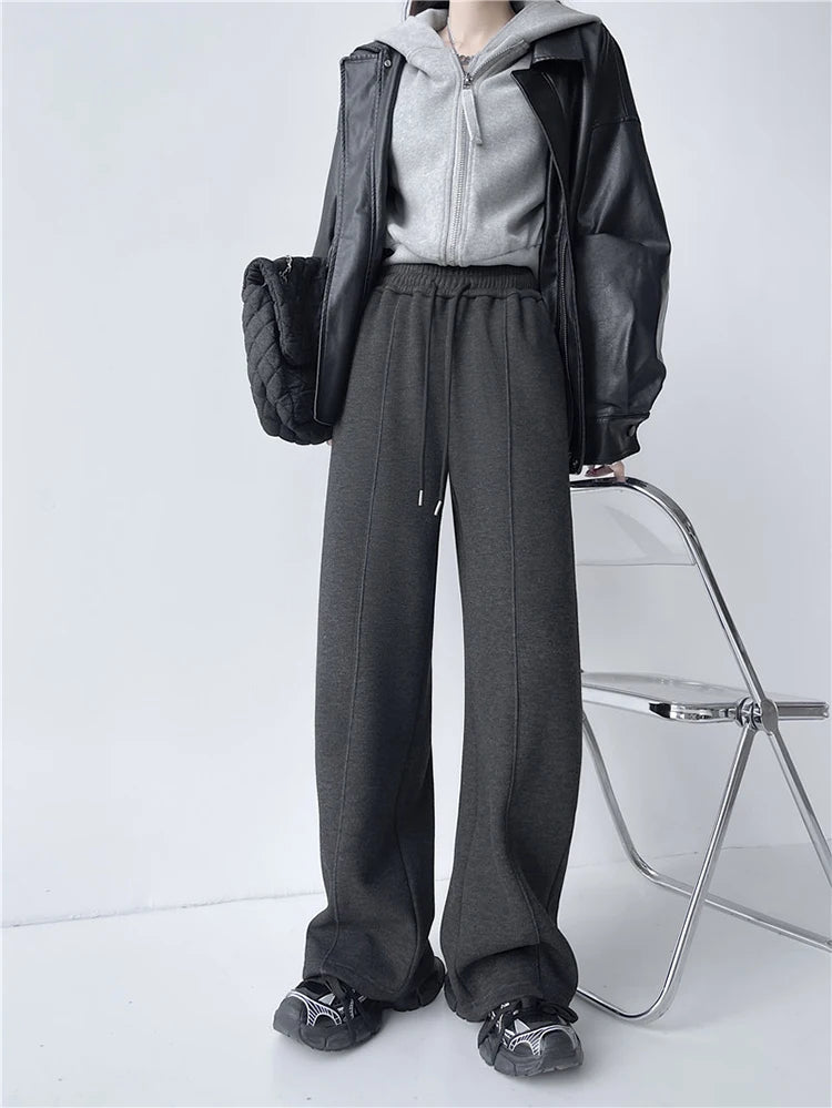 Streamgirl Thick Warm Straight Pants For Women Office Brown Wide Leg Trousers High Waist Women's Loose Pants For Ladies Spring