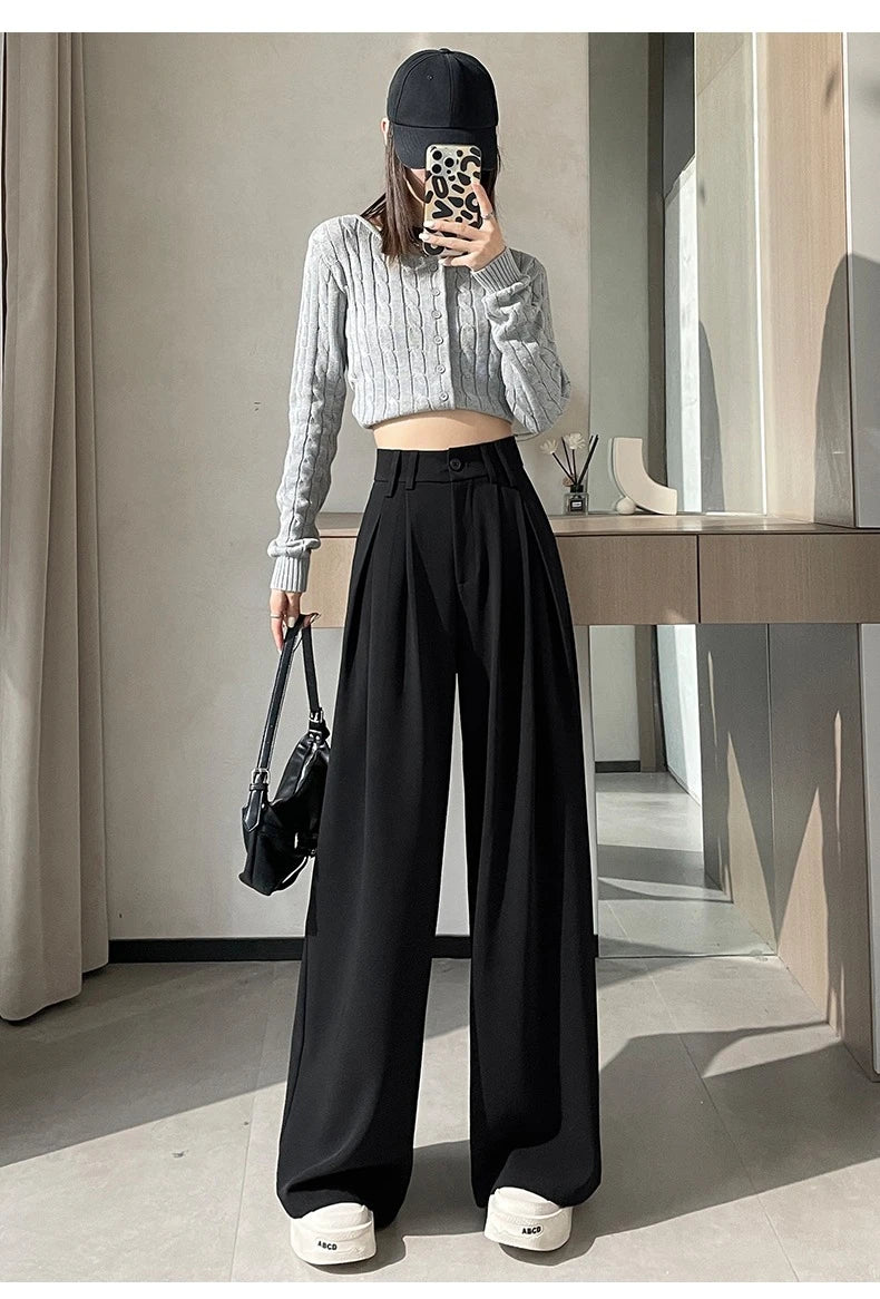 High Waist Autumn Winter Vintage Button Women's Wide Leg Pants 2025 New Loose Solid Korean Straight Full Length Trousers Female