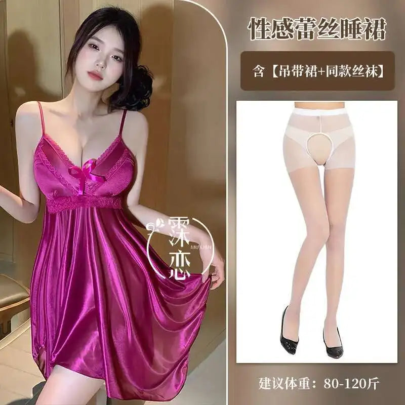 Ice Silk Strap Nightdress Summer Loungewear Mid-Length Nightdress Elegant Lace Sleeveless Couple Mood Uniform Pure Desire ZYAW