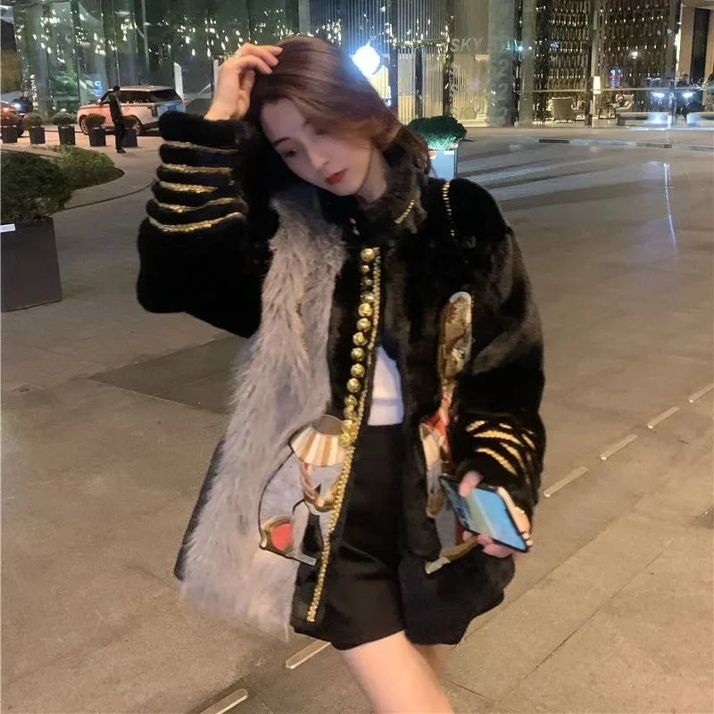 Chic Cartoon Embroidery Faux Mink Fur Faux Leather Spliced Coat Retro Metal Buttons Velvet Jacket OL Furry Cardigan Tops Jaqueta