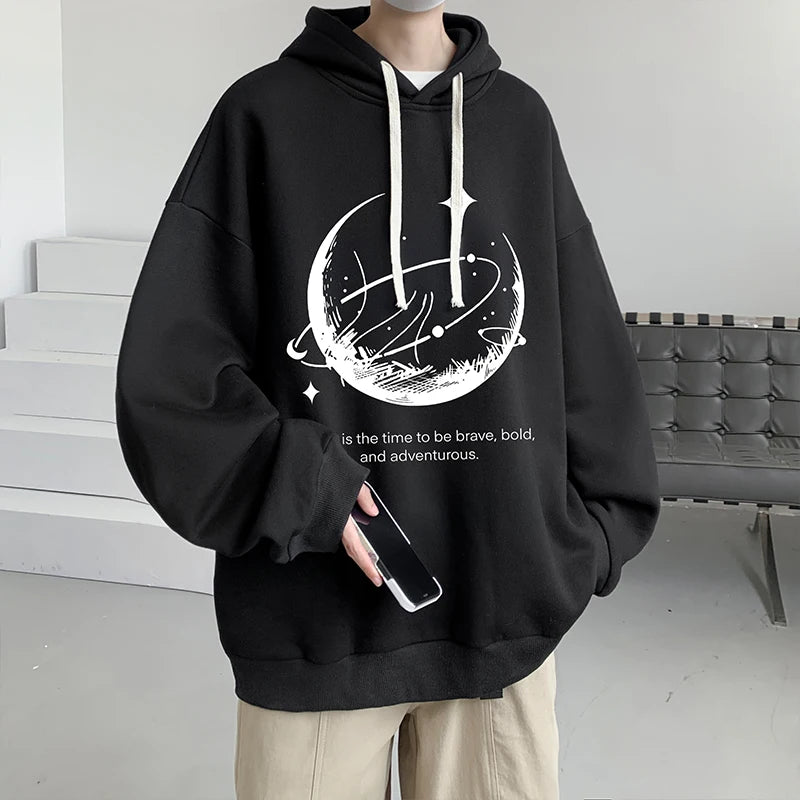 Funny Men's Oversized Hoodie Black 5XL Hoodies with Hat Oversize for Men Moon Print Man Casual Wear Hoody Male Sweatshirt