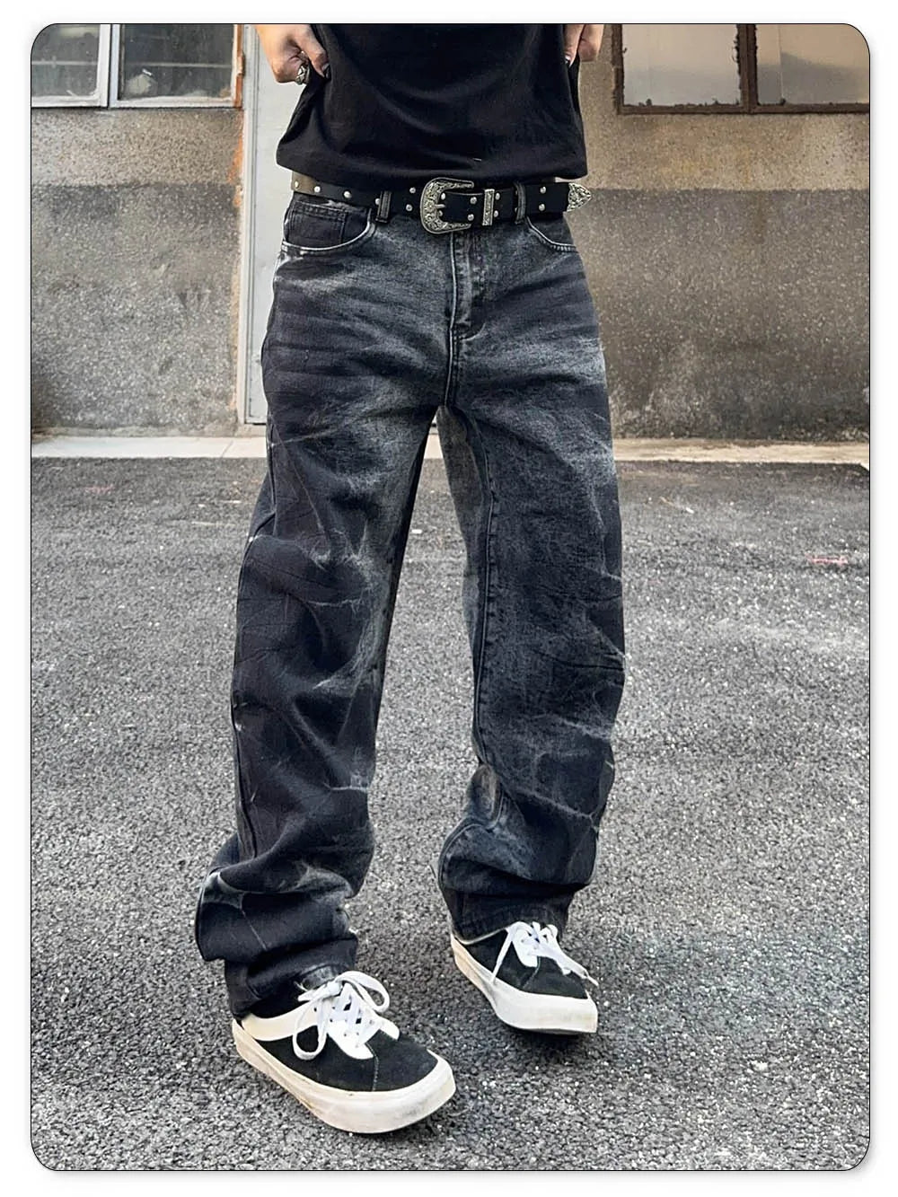 Autumn Men's Black Personalized Straight Leg Retro Jeans American Street Splashed Ink Loose Unisex Denim Pants Trendy Trousers