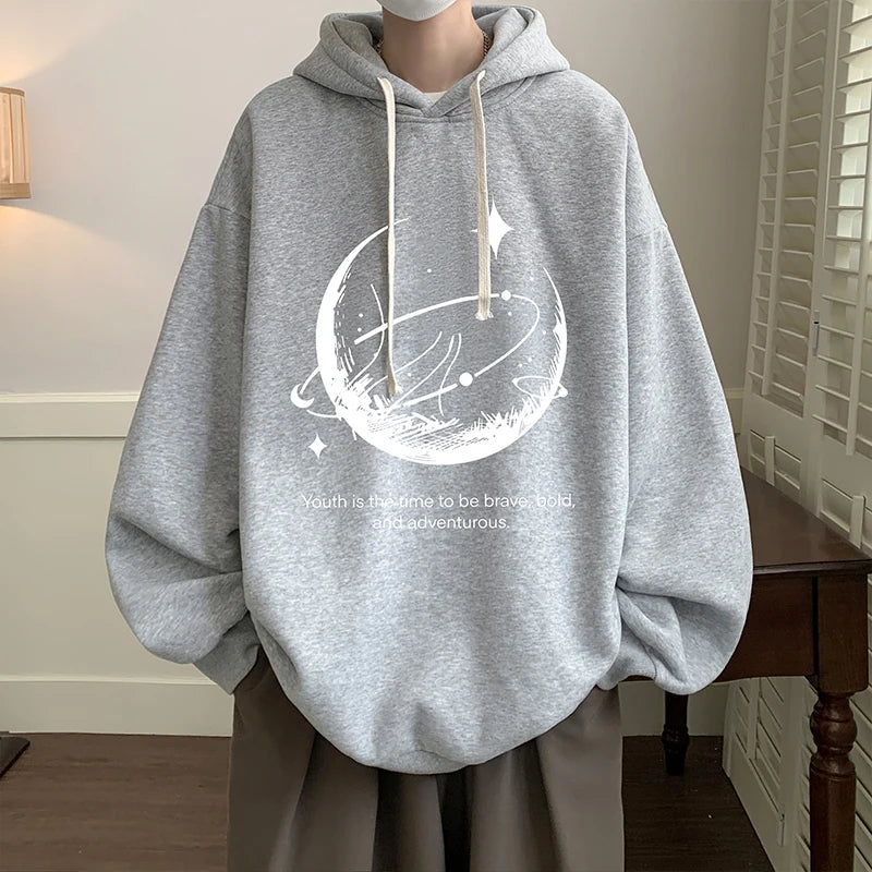 Funny Men's Oversized Hoodie Black 5XL Hoodies with Hat Oversize for Men Moon Print Man Casual Wear Hoody Male Sweatshirt