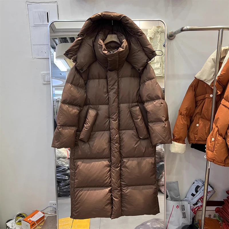 Winter Thick Long Hooded Down Jacket Female Solid Warm Outdoor Parkas Outwears Women White Duck Down Knee Length Down Jackets