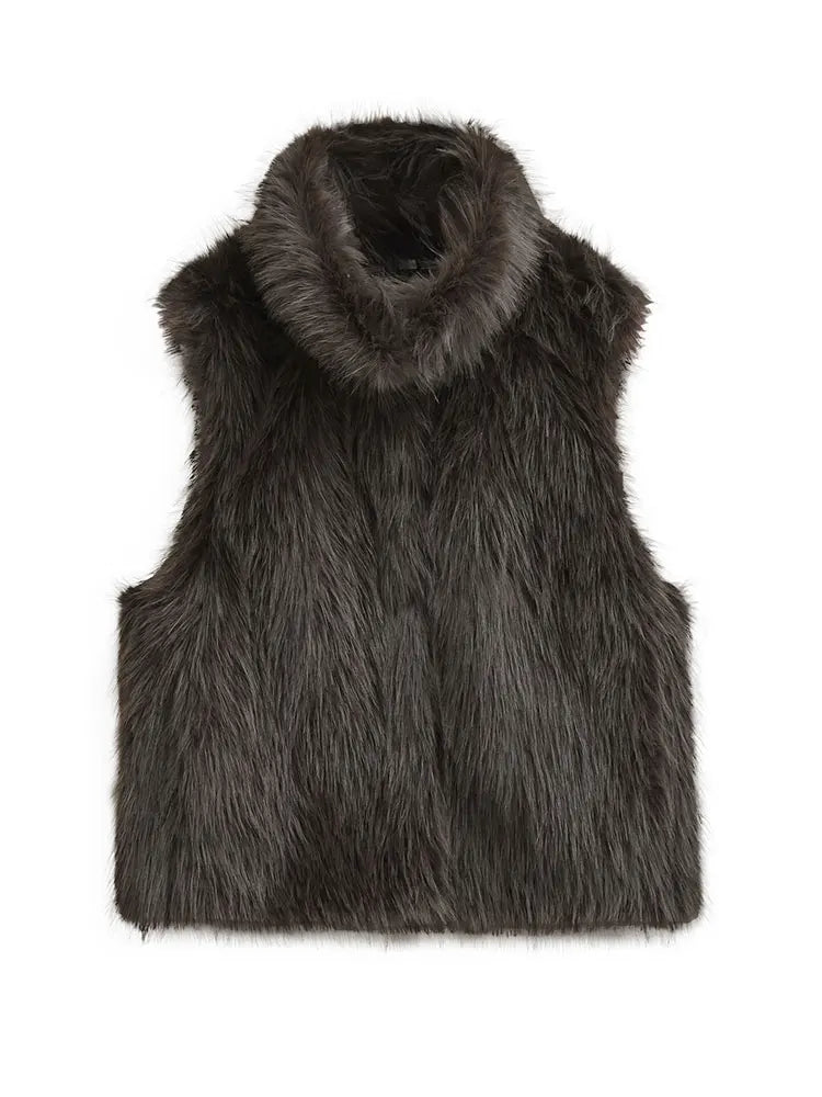 HH Women Elegant Solid Faux Fur Waistcoats Turtleneck Sleeveless Vest Coat Autumn Winter Fashion Hight Street Lady Outfit