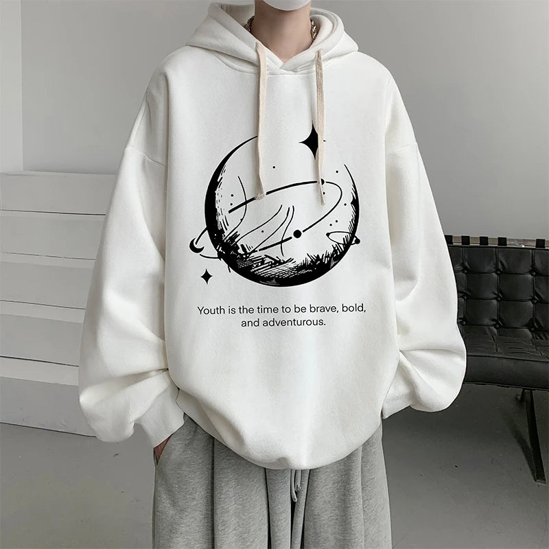 Funny Men's Oversized Hoodie Black 5XL Hoodies with Hat Oversize for Men Moon Print Man Casual Wear Hoody Male Sweatshirt