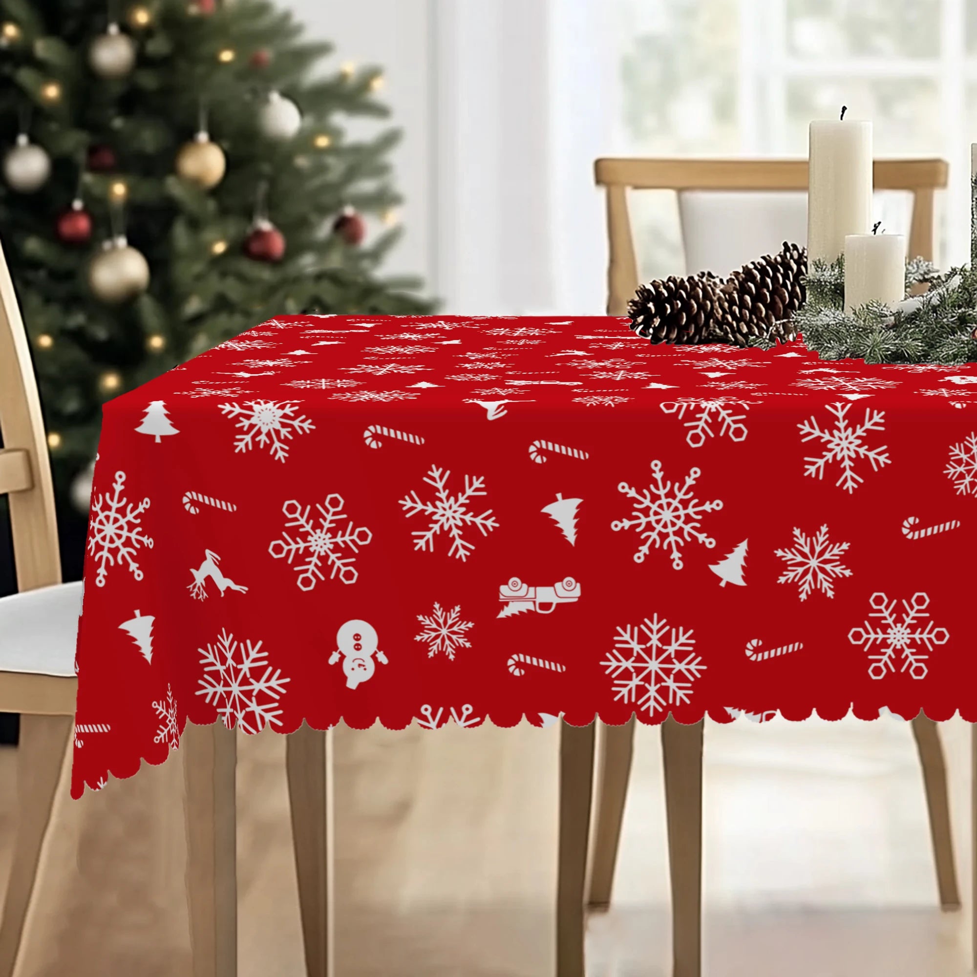 1 Piece of Christmas Round and Rectangular Tablecloth, Various Sizes, Christmas Snowflake Exquisite Decorations, Red Tablecloth, Christmas Courtyard Tablecloth Decoration, Suitable for Daily Home Kitchen, Party Use, Tableclot
