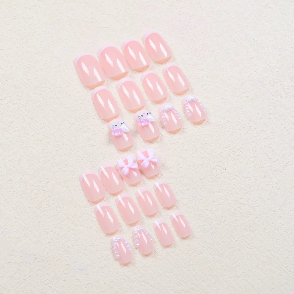 24 Medium Square Nail Pink French Cute Cartoon Cat White Love Camellia Nail Patch Jelly Powder Bow Wear Nail Set