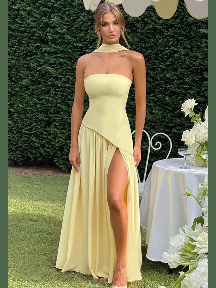 Elegant Ribbon Corset Long Dress Women Strapless High Waist Patchwork Dresses 2025 Summer Yellow Evening Party Wedding Guest New