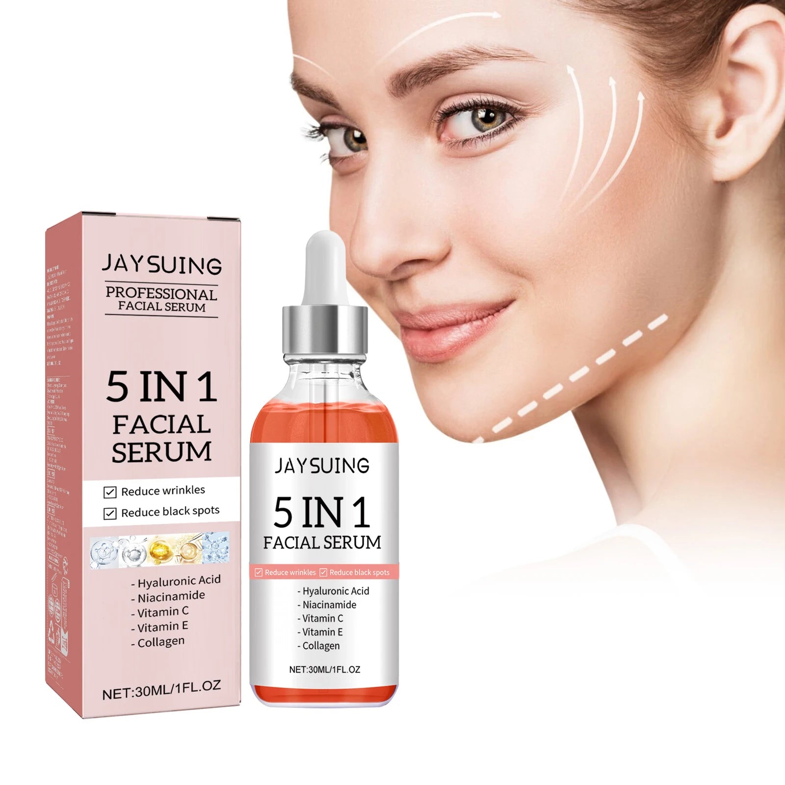 5 In 1 Face Serum Hyaluronic Acid Moisturizing Whitening Anti Wrinkle Aging Vitamin C Fade spots Shrink Pores Skin Care 30ml