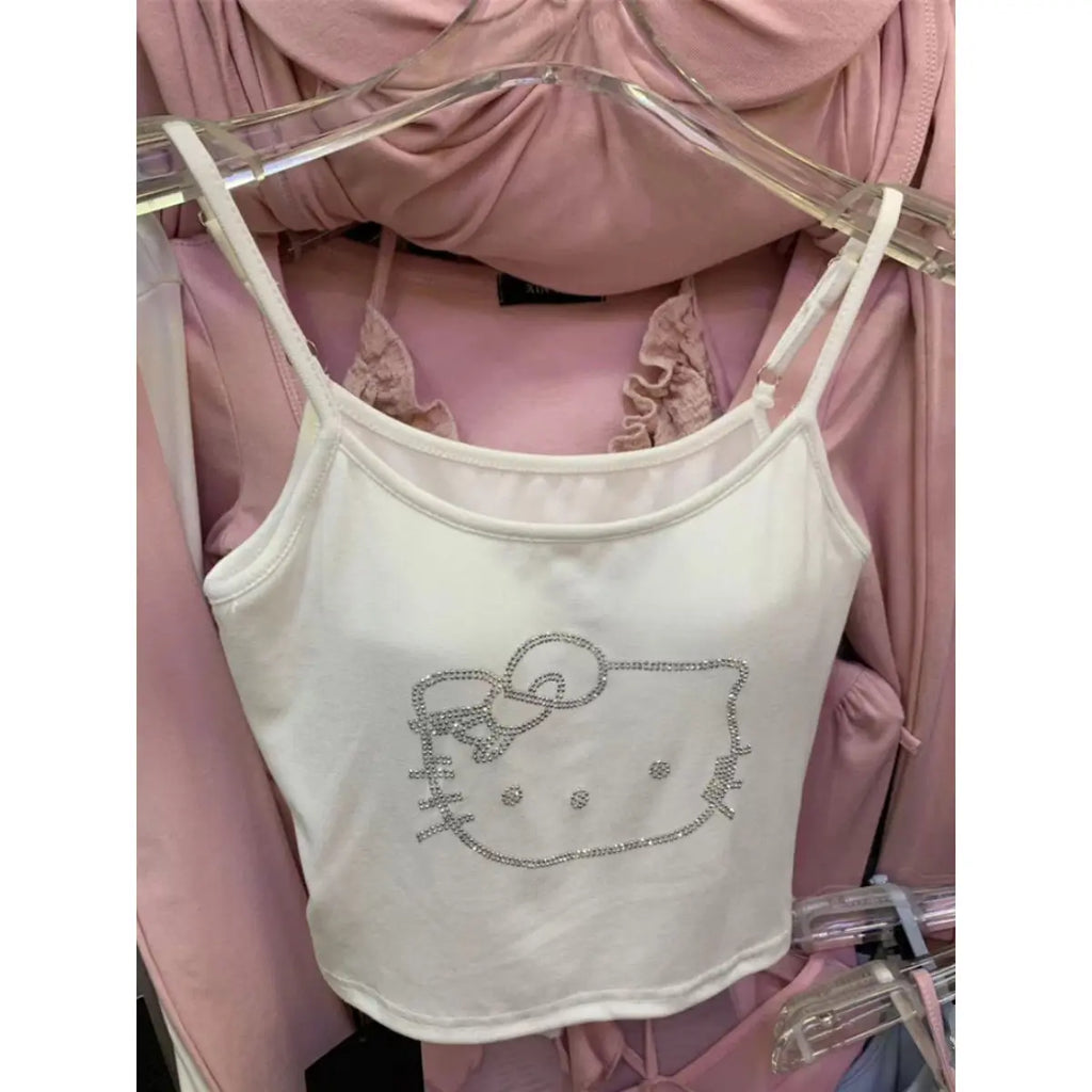 Kawaii Hellokitty Fashion Women Clothing Y2K Tops with Breast Pad Cute T-Shirt Girls Summer Cropped Tops White Sexy Suspender