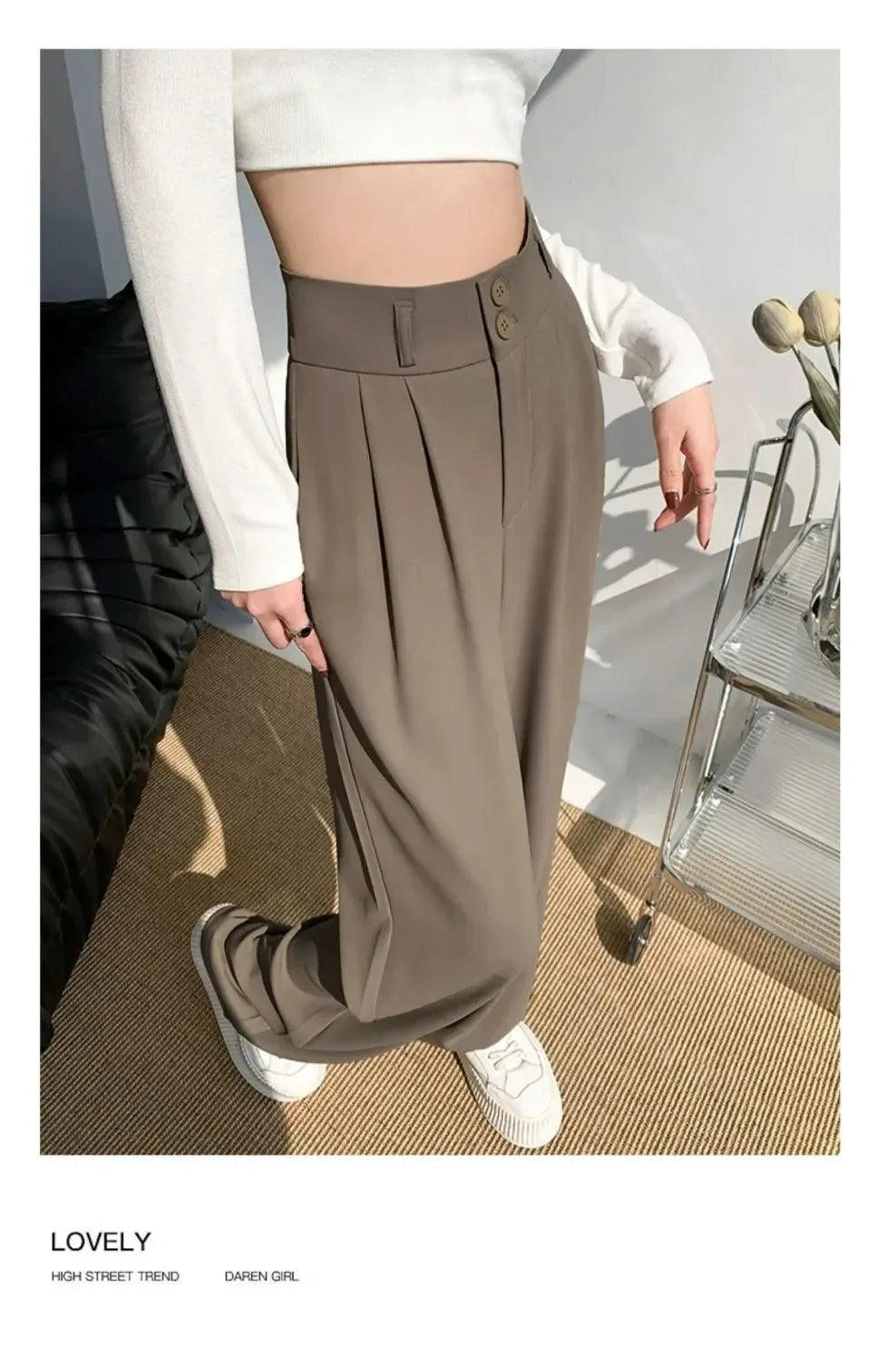 Korean style high waisted black loose pants for office ladies, fashionable loose suit pants for street wear, straight leg pants