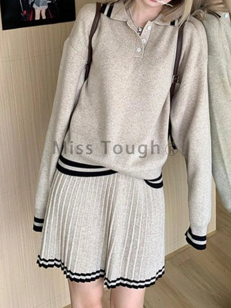 College Style Elegant Sweater Skirt Suit Women Fashion Polo Neck Tops + Pleated Mini Skirt Harajuku Knit Casual Two Piece Suit