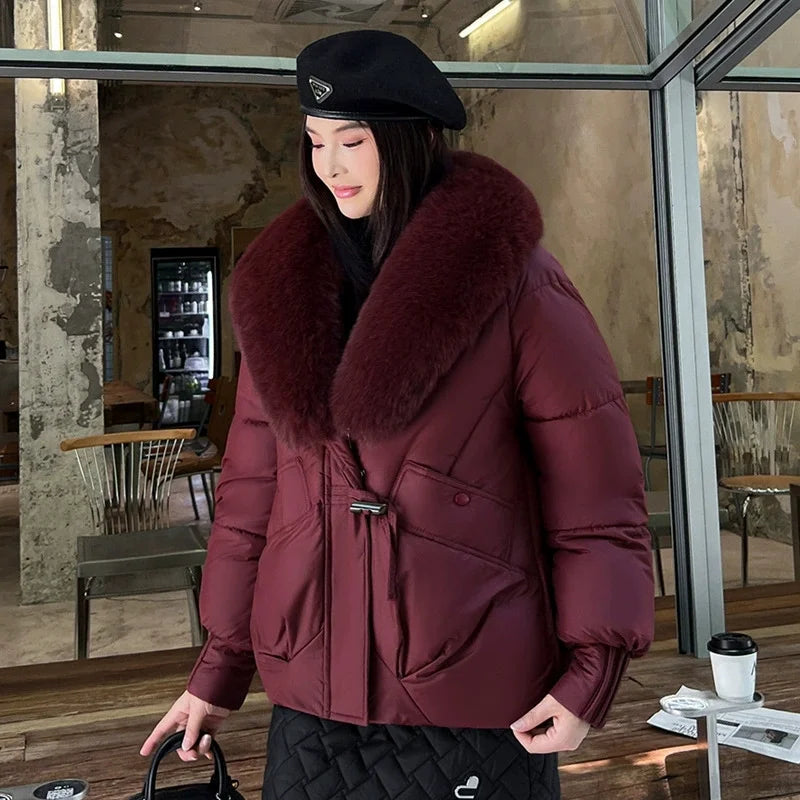 2025 Fashion Big Fur Collar Down Cotton-padded Jacket Women's Short Parkas Winter Streetwear Outerwear Lady Thicken Loose Coats